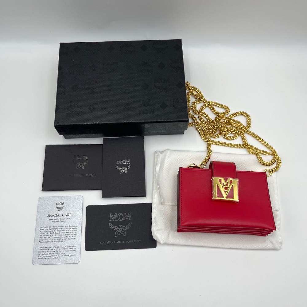 NEW MCM Mena cardholder leather wallet with chain bag in red full set